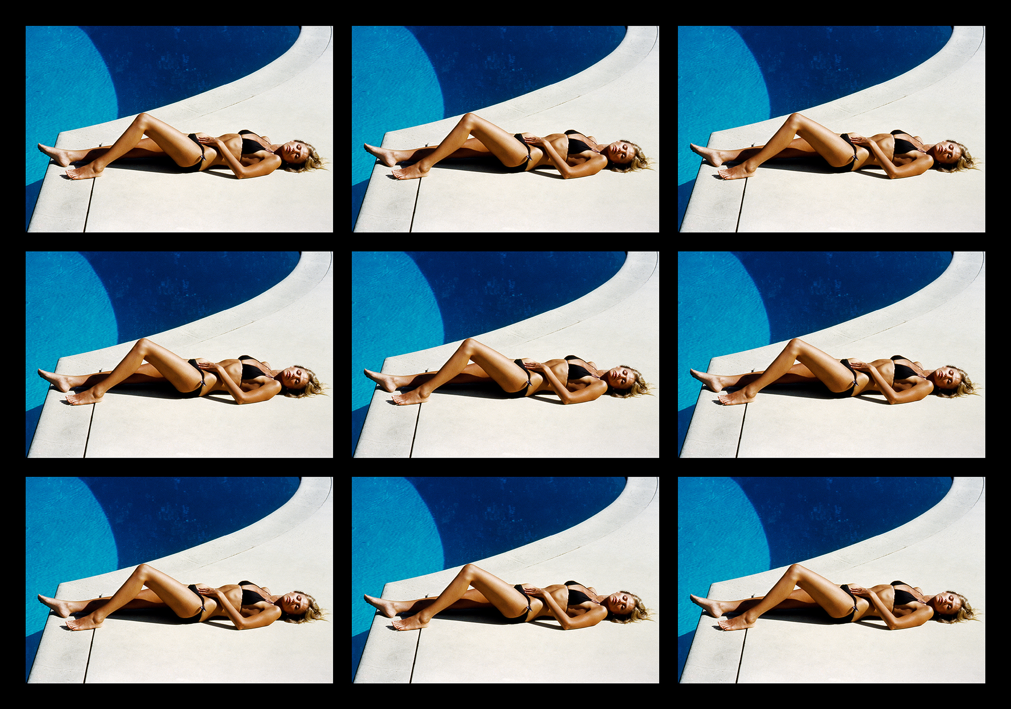 photographic montage of britt ekland sunbathing by her bel air swimming pool by david steen