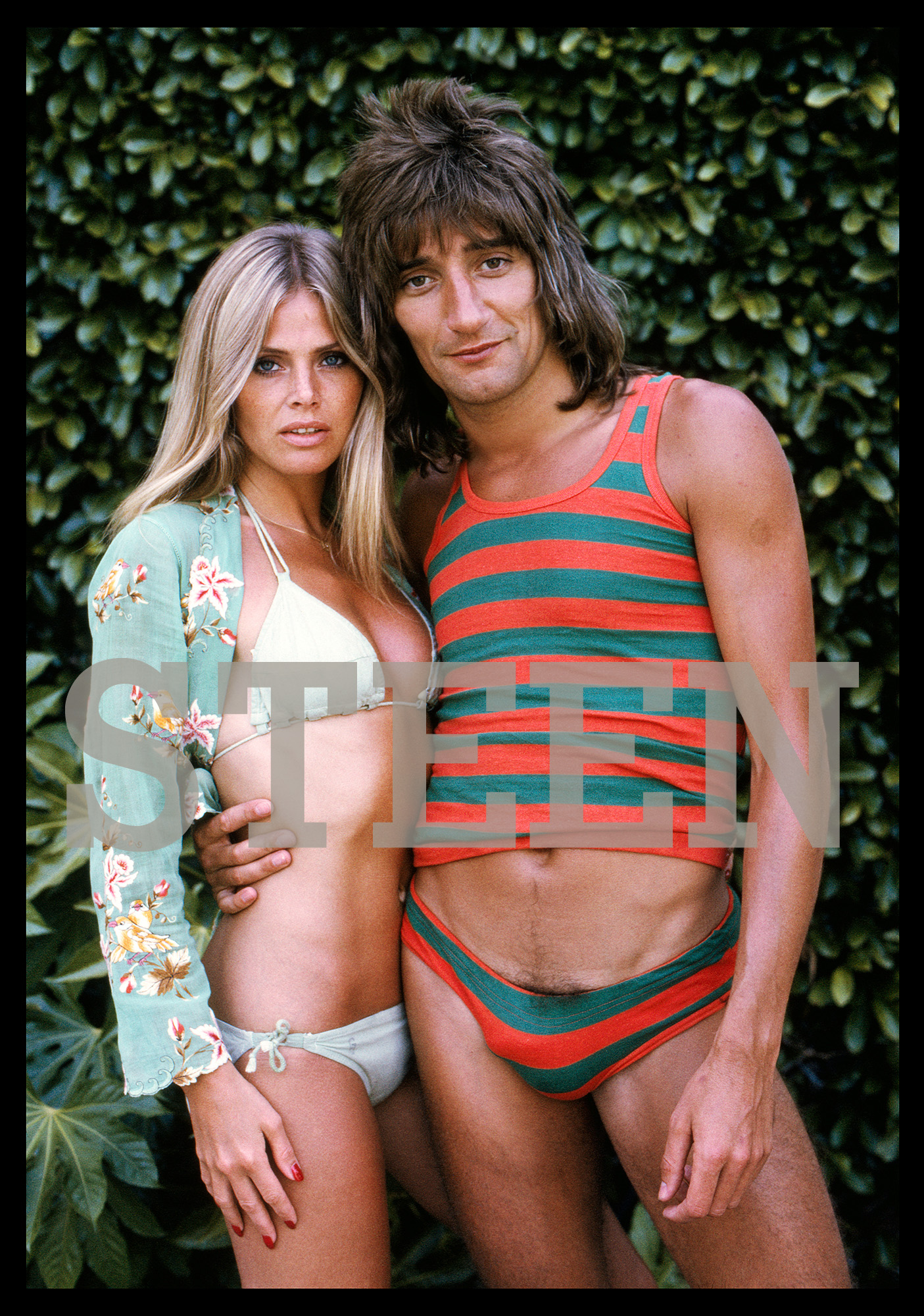 an exclusive limited edition colour photograph of rod stewart and britt ekland in swimwear by british photographer david steen